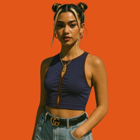 ✨ Out From Under Navy & Brown Trim Mesh Detail Cropped Tank (M/L) - Picture 1 of 6